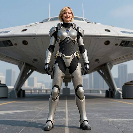 Photorealistic CGI of a blonde woman in silver and black sci-fi armor standing on a rooftop, with a futuristic spaceship behind her against a city skyline