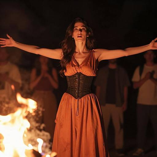 Woman in Burnt Orange Dress by Night Fire