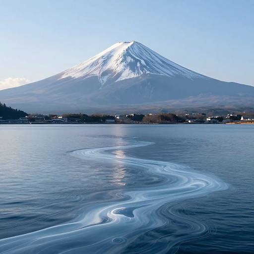 Photograph of Mount Fuji with a snow-capped peak, reflecting in a calm lake with swirling blue ice patterns in the foreground.