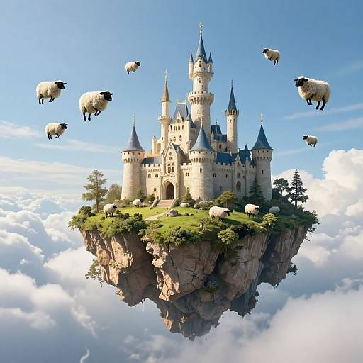 Digital artwork of a floating castle with blue spires, surrounded by flying sheep, set above fluffy clouds and rocky terrain.