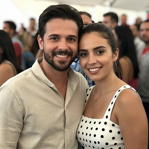 Photograph of a smiling couple; man with dark hair and beard in white shirt, woman with dark hair in white polka dot dress, standing close
