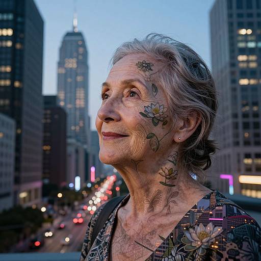 Photograph of an elderly white woman with gray hair, floral face paint, patterned blouse, standing in a cityscape at dusk.