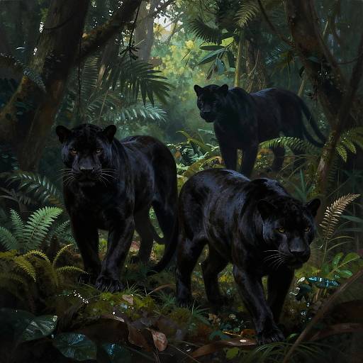 Noir Shadowy Panthers in Jungle