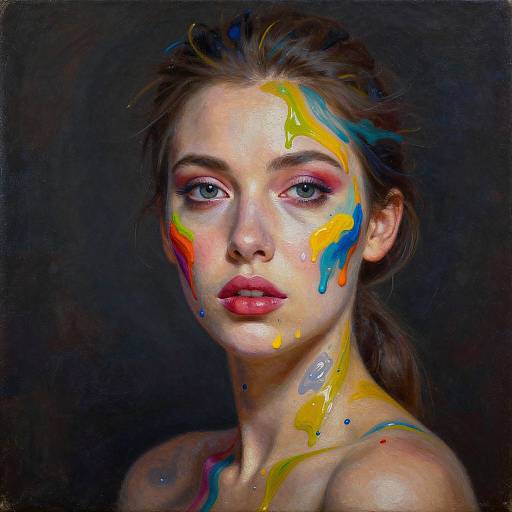 Digital painting of a young woman with colorful paint splattered on her face, blue eyes, pink lips, and dark background.