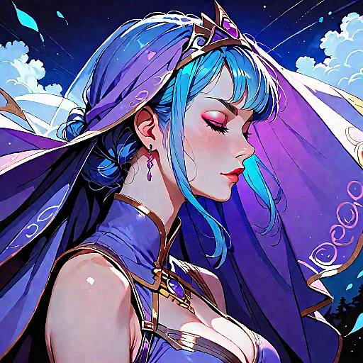 Medieval Purple-Veiled Anime Maiden at Night