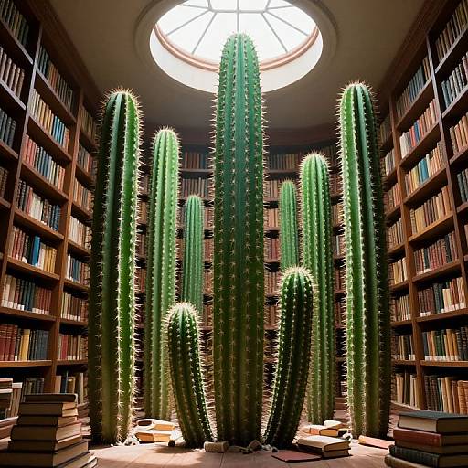 Sentient Colossal Cacti in Ancient Library