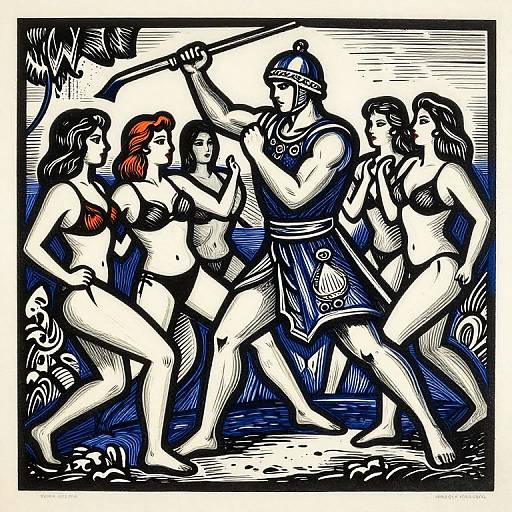 Woodcut-style illustration of a muscular, helmeted warrior with sword chasing four scantily clad women with red-haired woman in the center.
