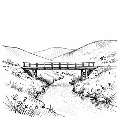 Black-and-white ink drawing of a small bridge over a winding stream, surrounded by grasses, flowers, and hills.