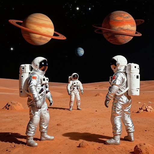 Photograph-like digital illustration of three astronauts in white spacesuits standing on a red, rocky lunar surface, gazing at two large, ringed planets