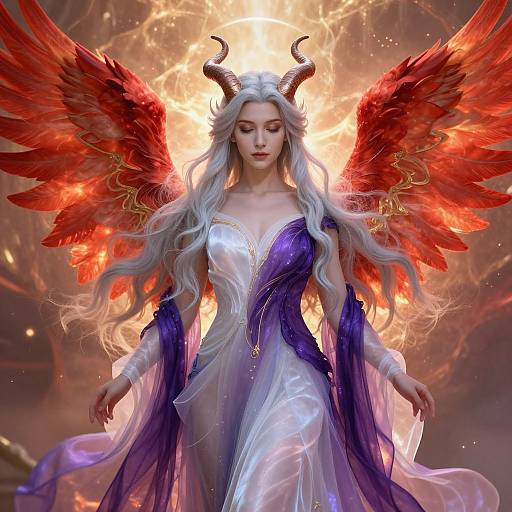 Ethereal Angel with Fiery Wings and Silver Hair