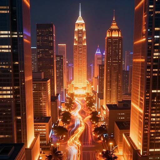 Nighttime photograph of a brightly lit cityscape with neon orange and blue lights, showcasing tall skyscrapers and a busy, light-trail-filled street