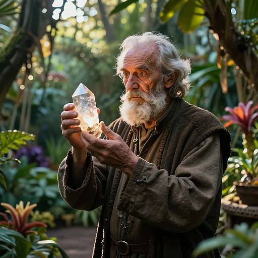 Photograph of an elderly, white-bearded man with wild hair, holding a glowing crystal in a lush, sunlit jungle garden.