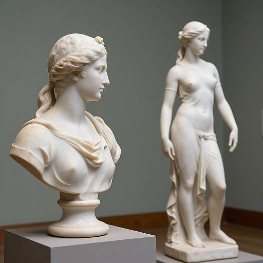 Photograph of two white marble statues in a museum: a bust of a woman in profile on the left, and a standing figure in the background,