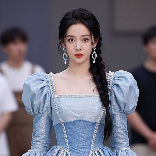 Photograph of a young Asian woman with long black hair in a blue, puffed-sleeve, medieval-style dress with white accents and intricate jewelry
