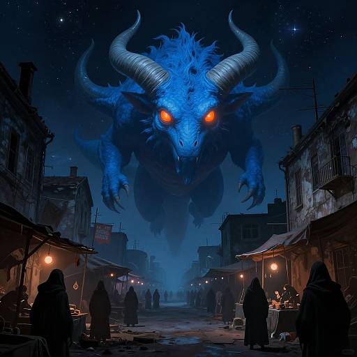 Digital artwork: A massive, glowing blue demon with fierce orange eyes and massive horns hovers over a dark, starry night market, silhouetting