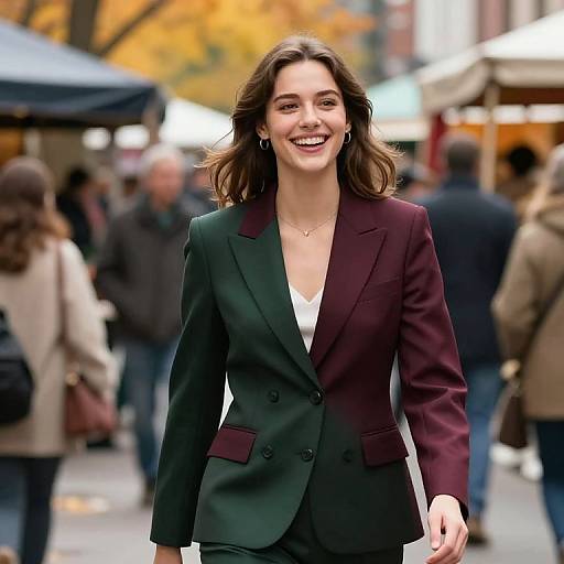 Photograph of smiling woman with wavy brown hair, wearing a dark green and burgundy blazer, walking in an outdoor market.