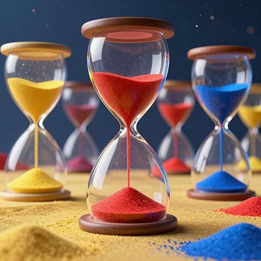 Photograph of six glass hourglasses with yellow, red, and blue sand on a yellow sand-covered surface, against a dark blue background.