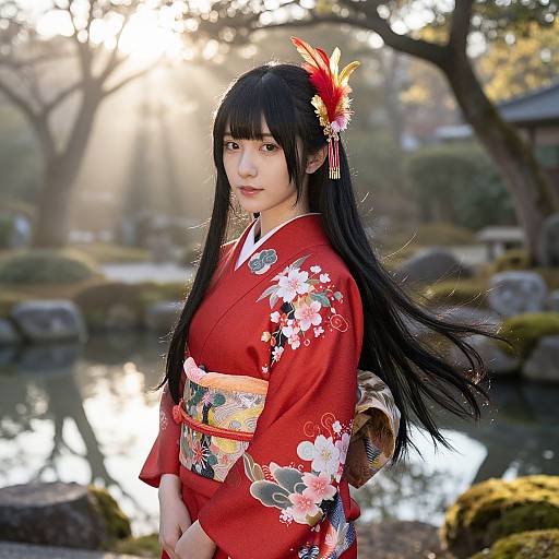 Young Woman in Red Kimono at Japanese Garden