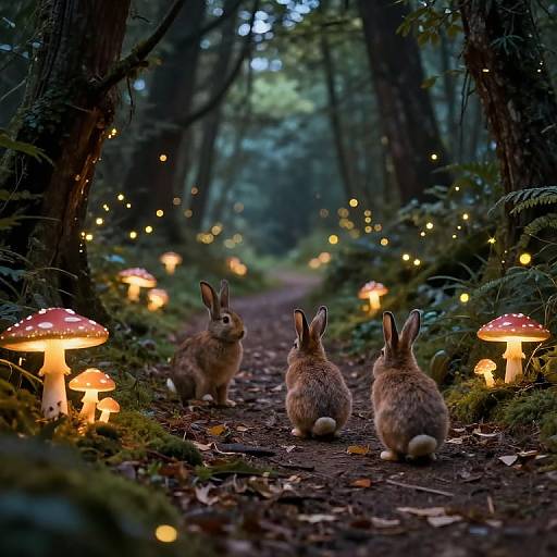 Photograph of three rabbits walking down a forest path, surrounded by glowing mushrooms and fairy lights, creating a magical, enchanting scene.