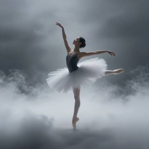 Photograph of a silhouetted ballerina in a white tutu, poised elegantly with arms outstretched, standing on one leg