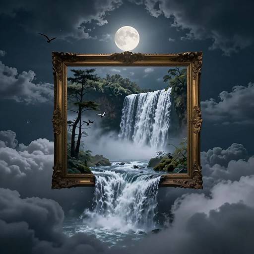 Digital art: A golden, ornate frame encases a luminous waterfall scene under a full moon, surrounded by dark clouds and silhouetted