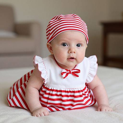 Photograph of a chubby, fair-skinned baby with blue eyes, wearing a red and white striped outfit and matching headband, lying on a white