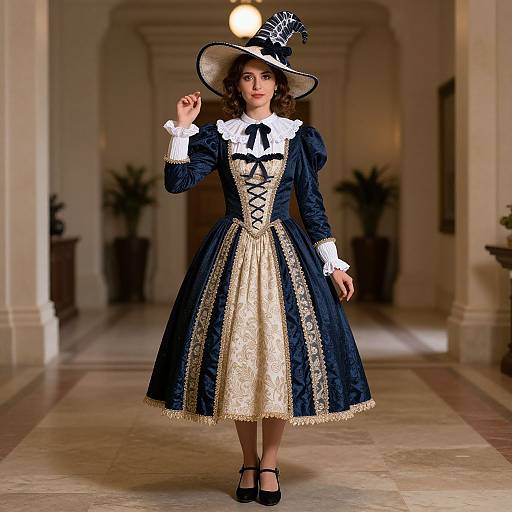 Photograph of a young woman in an elaborate 18th-century-style navy and gold dress with lace trim, white ruffled collar, black corset