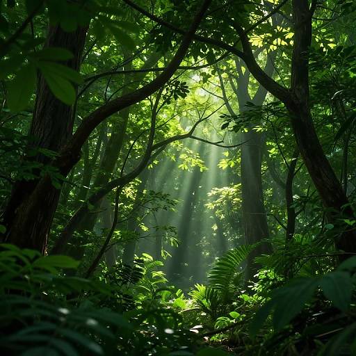Photograph of a dense, sunlit forest with bright green leaves, sunlight rays filtering through tall trees, and lush ferns in the foreground.