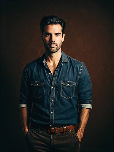 Photograph of a handsome, bearded man with dark hair, wearing a denim shirt and brown belt, standing against a dark background.