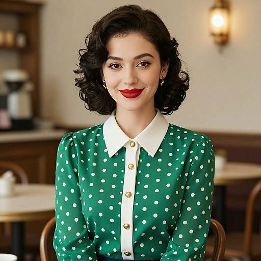Photograph of a smiling woman with short, curly black hair, wearing a green polka dot blouse with a white collar, red lipstick, in a