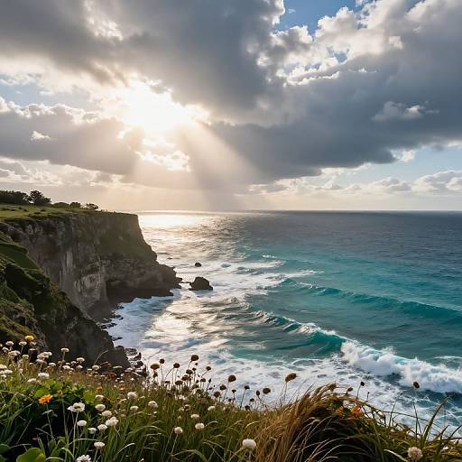 Photograph of a sunlit coastal cliff with dramatic clouds, turquoise waves crashing against dark cliffs, and wildflowers in the foreground.