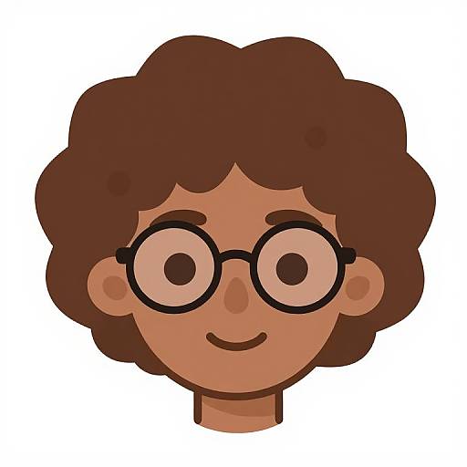 Cartoon-style illustration of a person with large round glasses, brown curly hair, and a small smile, against a white background.