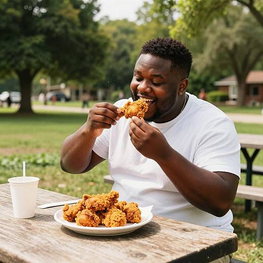 Photograph of a muscular Black man with short curly hair, wearing a white t-shirt, eating crispy fried chicken outdoors at a wooden picnic table. Background