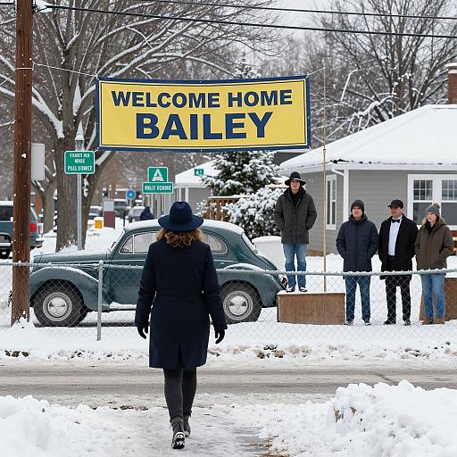 Winter Welcome Home Banner with People and Vintage Car