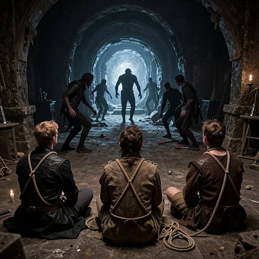 Photograph of three bound captives seated in a dimly lit, stone-walled dungeon, watching five silhouetted figures approaching through a brightly