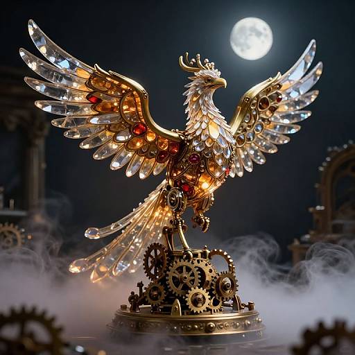 Gears-and-glass phoenix statue with glowing wings and red jewels, illuminated by full moon, set in a steampunk workshop. Digital art.