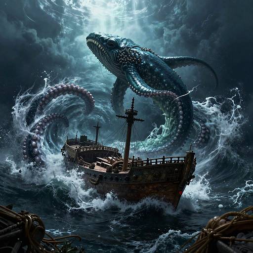 Digital artwork of a dark wooden ship battered by massive, glowing blue sea monster with tentacles in stormy, lightning-filled ocean.