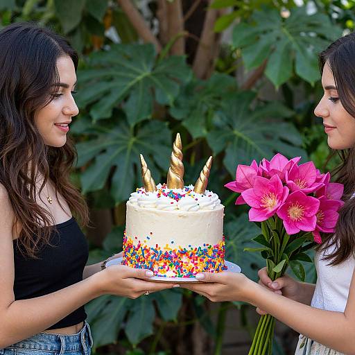 Photograph of two women, one with long dark hair in a black top, the other in white, presenting a colorful cake with candles and pink flowers