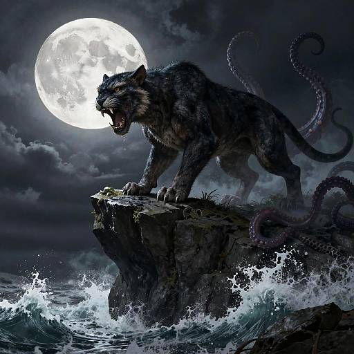 Digital painting of a fierce, snarling black panther with a twisted tail, standing on a rocky cliff under a full moon, surrounded by crashing