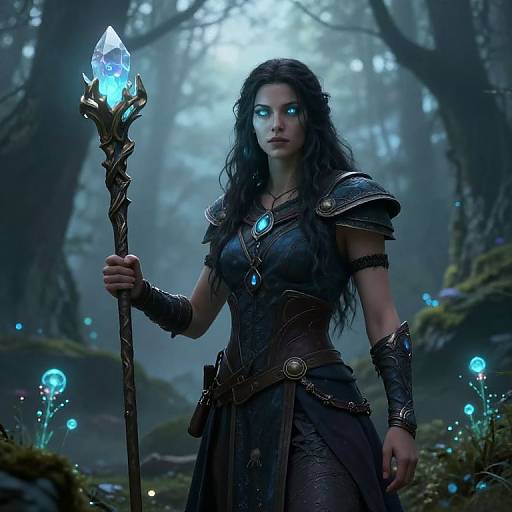 Digital fantasy artwork of a dark-haired, blue-eyed woman with glowing eyes, holding a crystal-tipped staff in a mystical forest.