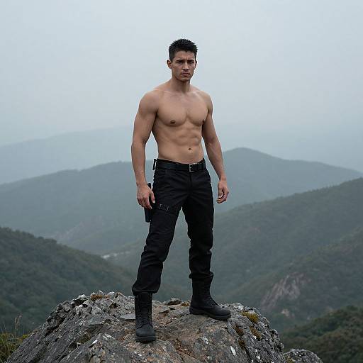Photograph of a muscular, shirtless Asian man with short black hair, standing on a rocky mountain peak, wearing black pants and boots, against a