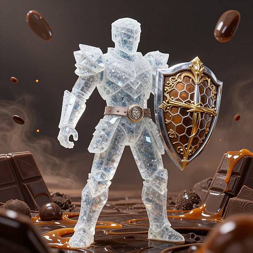 Glittery, translucent warrior figure with golden armor and ornate shield, standing amidst chocolate chaos with honey spills and floating cocoa beans.