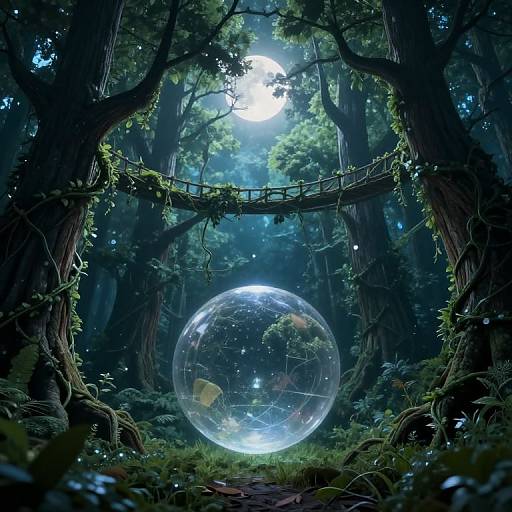 Digital art: Enchanted forest with a glowing, crystal sphere at its center, moonlight filtering through trees, vines, and a rustic bridge above