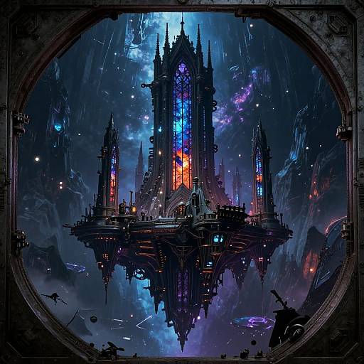 Digital artwork of a futuristic, gothic cathedral floating in space, illuminated by vibrant blue and orange lights, framed by a circular, worn metallic border.