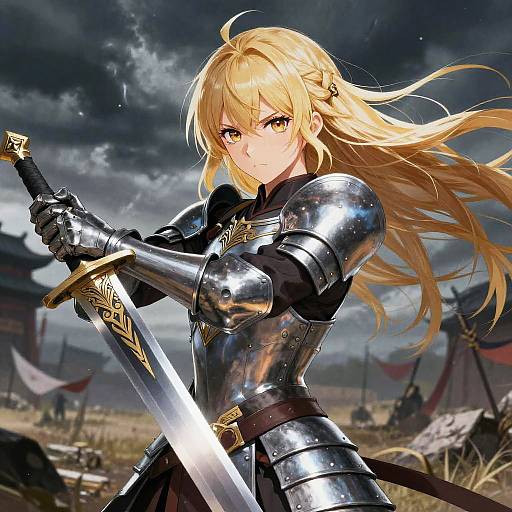 Digital anime-style illustration of a determined blonde woman in shiny silver armor, holding a sword, with a stormy sky and battlefield background.