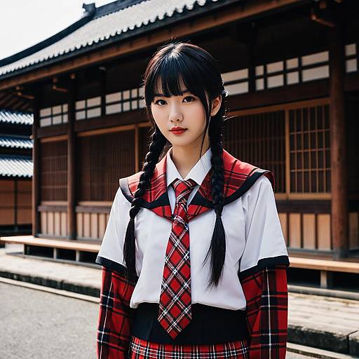 Young Japanese Woman in Traditional School Uniform