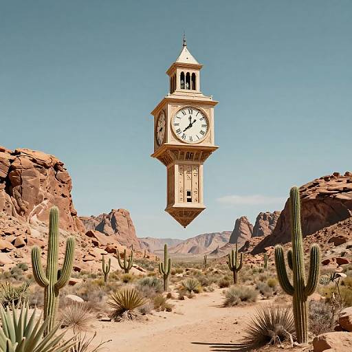 Photograph of a floating, beige clock tower with a black face, set against a desert landscape with cacti, rocks, and a clear blue