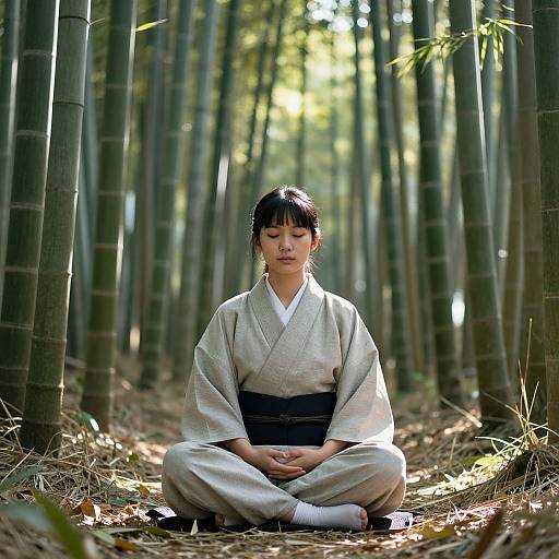 Photograph of an Asian woman with black hair in a kimono, sitting cross-legged in a serene bamboo forest, eyes closed, hands resting on knees