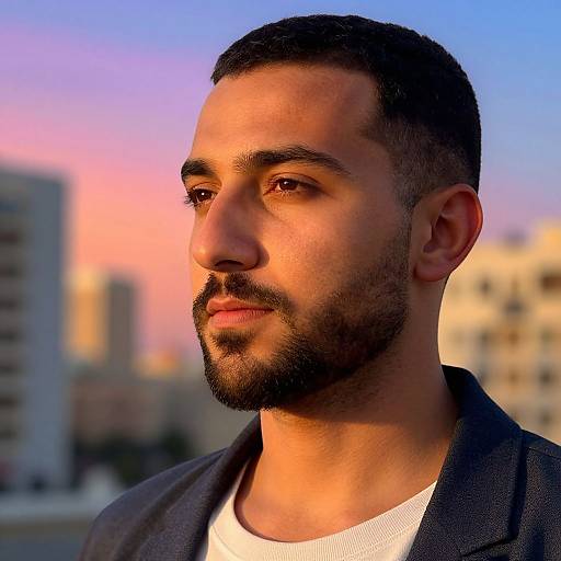 Photograph of a bearded Middle Eastern man with short dark hair, wearing a black blazer over a white shirt, standing against a sunset-lit