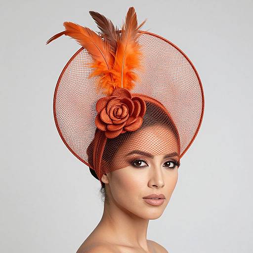 Photograph of a woman with fair skin, dark brown hair, wearing an orange feathered and flower-adorned netted hat, against a plain